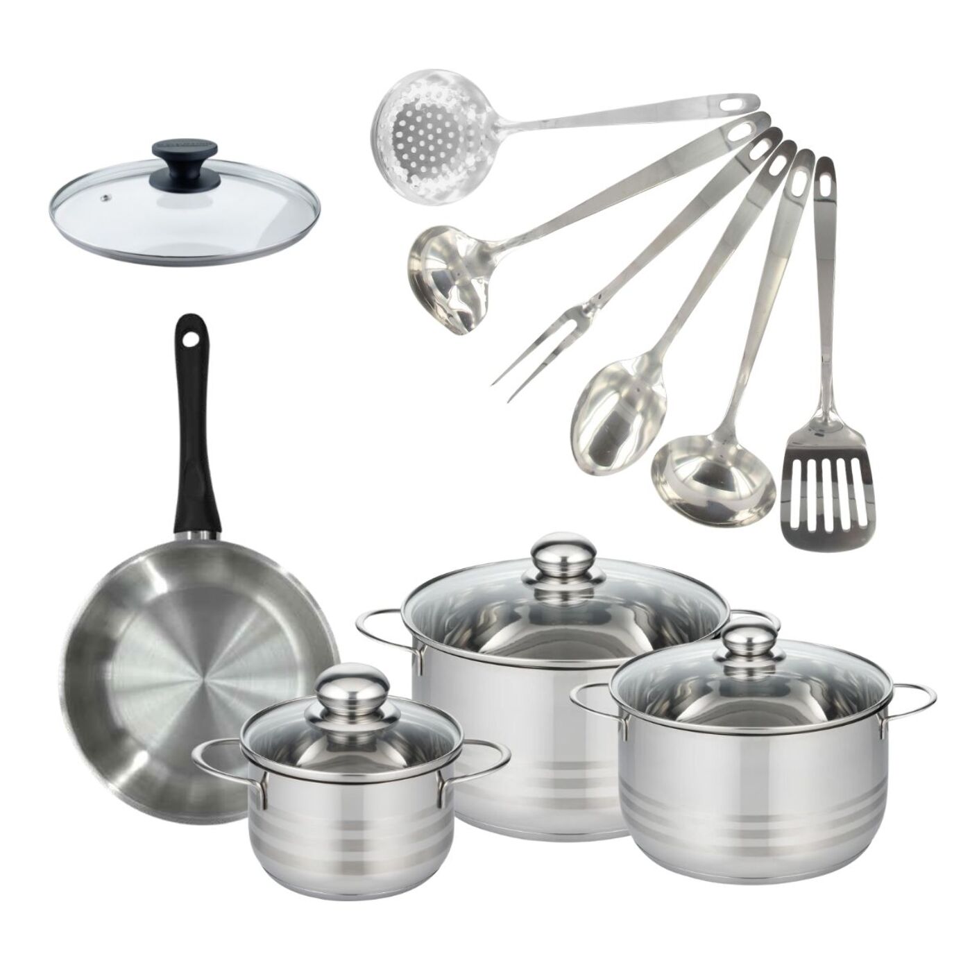 Set de 1 poêle inox, couvercle verre, 3 faitouts inox et 6 ustensiles inox Fackelmann Geneva