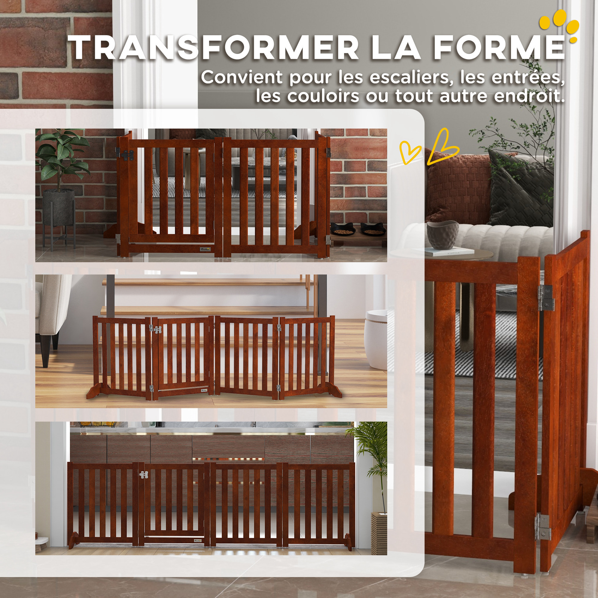 Barrière de sécurité chien pliable modulable autoportante avec porte max. 205 x 60 cm MDF effet acajou