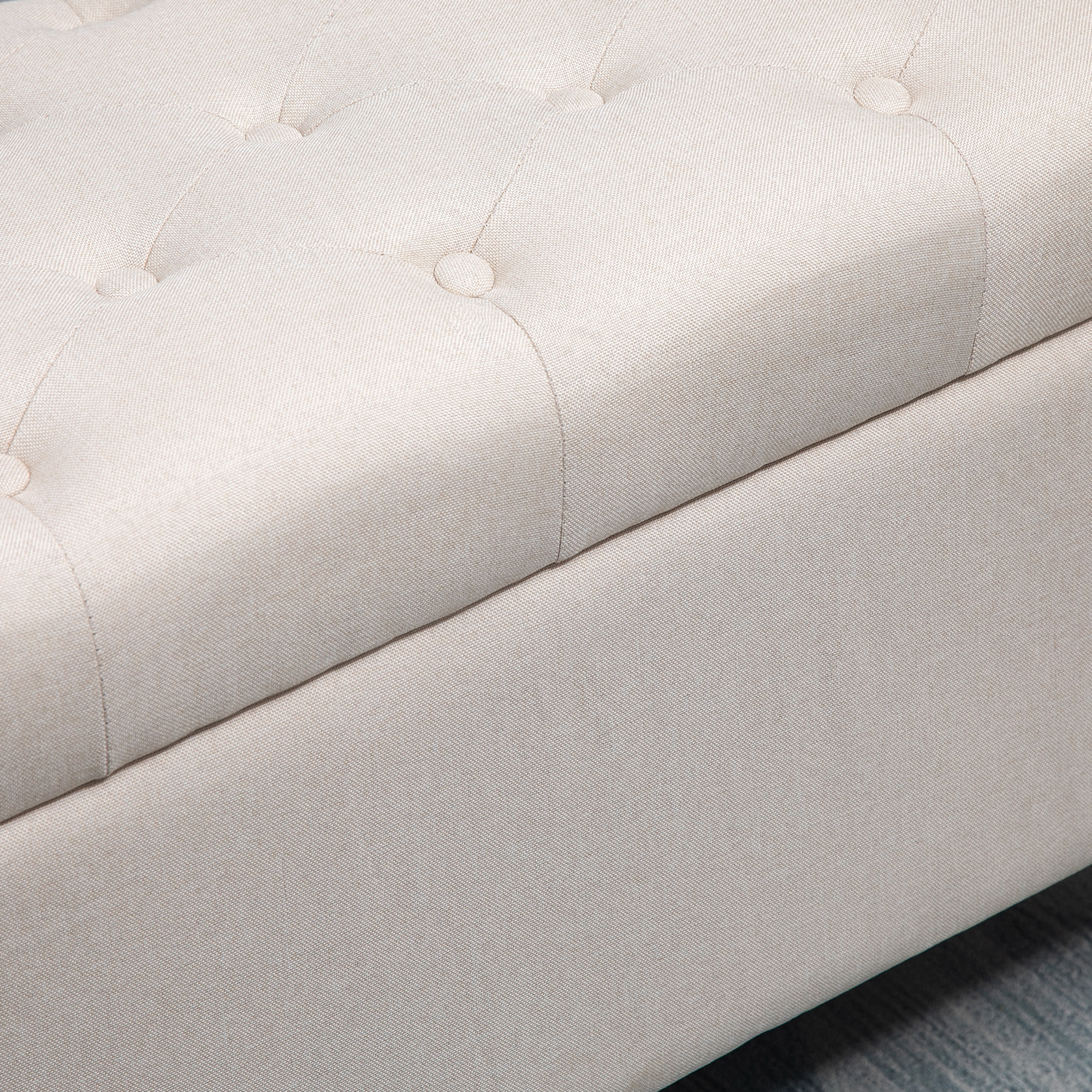 Banquette coffre de rangement style Chesterfield dim. 100 x 40 x 44 cm piètement bois noir tissu beige clair