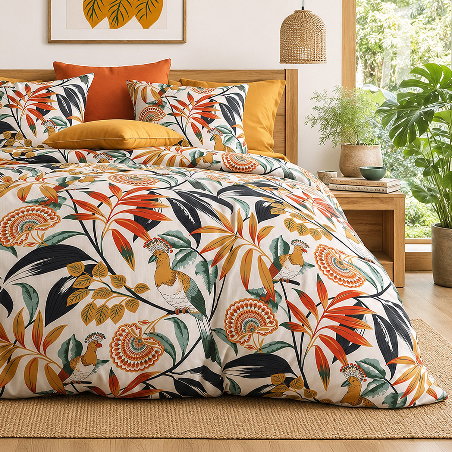 Parure housse de couette 100% percale de coton motif tropical feuillages et oiseaux exotiques - EDONIE
