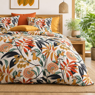 Parure housse de couette 100% percale de coton motif tropical feuillages et oiseaux exotiques - EDONIE