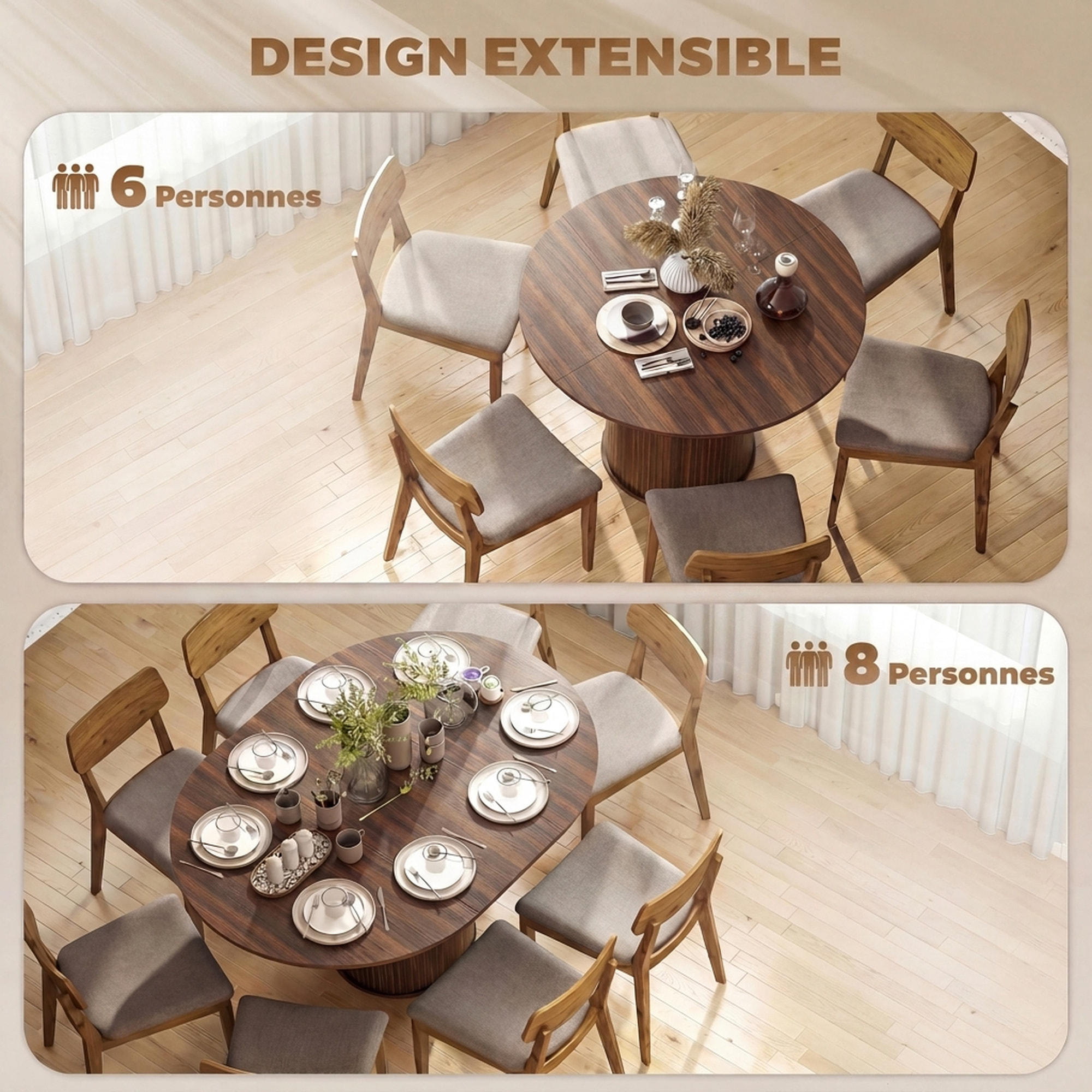 Table ronde extensible table de salon design bois 6-8 personnes dia. 110-150 x 75 cm effet bois noyer