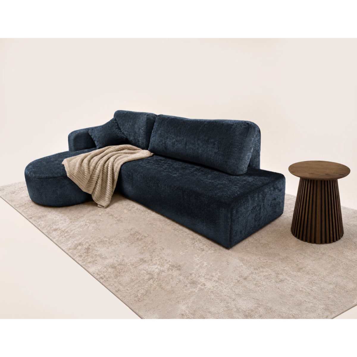 Miro - Canapé d'angle gauche 4 places convertible avec coffre en velours texturé - Bleu
