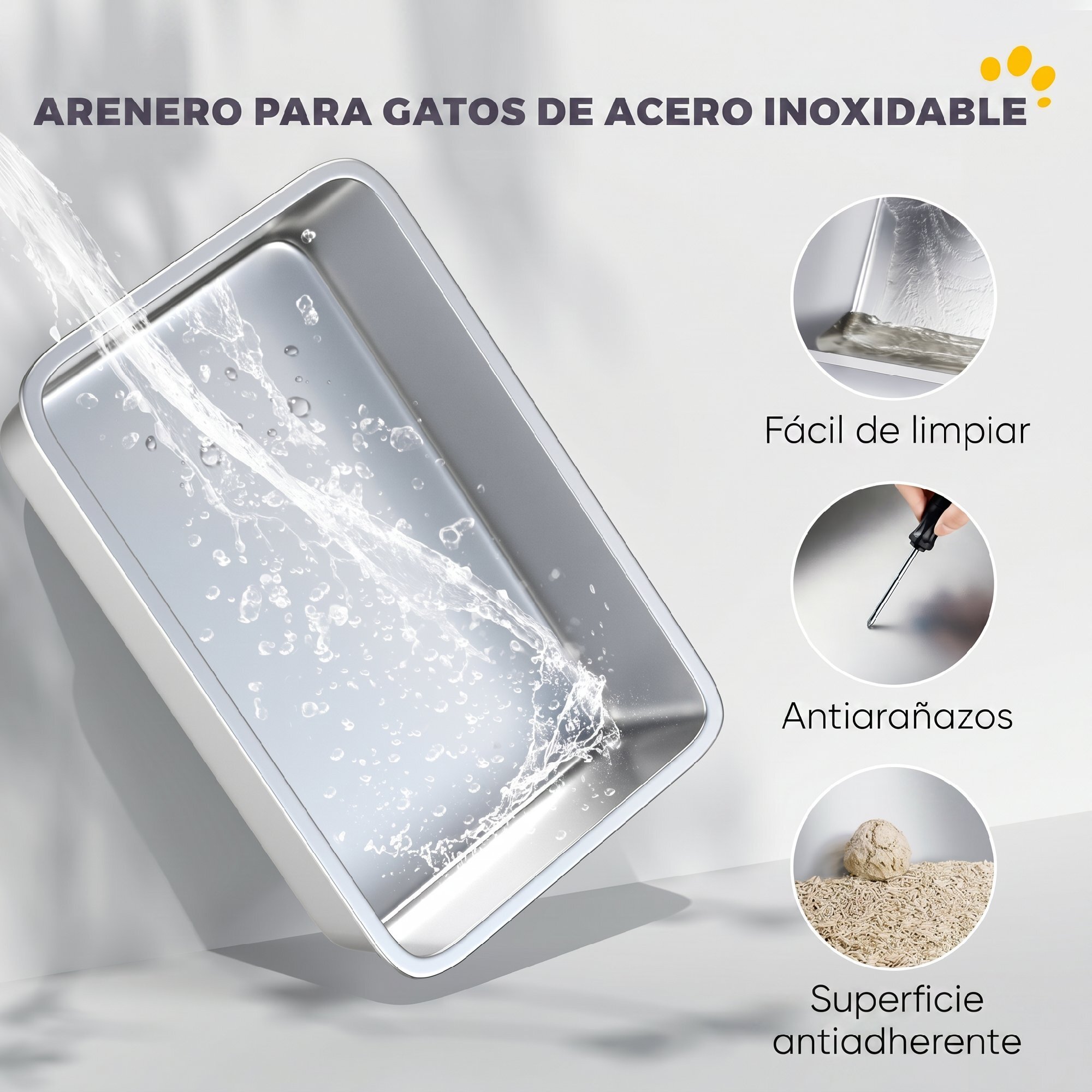PawHut Arenero para Gatos de Acero Inoxidable XL, Caja de Arena Cerrada para Gatos Grandes, Arenero Extragrande con Tapa Abatible, Borde Alto, Pala Metálica, Fácil Limpiar, Antifugas, Gris Claro