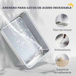 PawHut Arenero para Gatos de Acero Inoxidable XL, Caja de Arena Cerrada para Gatos Grandes, Arenero Extragrande con Tapa Abatible, Borde Alto, Pala Metálica, Fácil Limpiar, Antifugas, Gris Claro