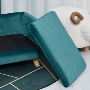 Canapé chien lit pour chien design scandinave coussin moelleux pieds bois massif dim. 64 x 45 x 36 cm velours bleu canard