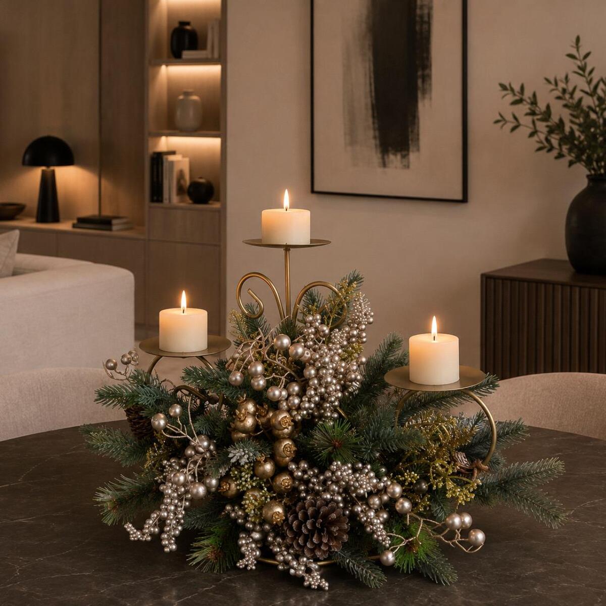 Portacandele con ilex e pigne - Pezzi 1 - ORO - Bianchi Dino SpA