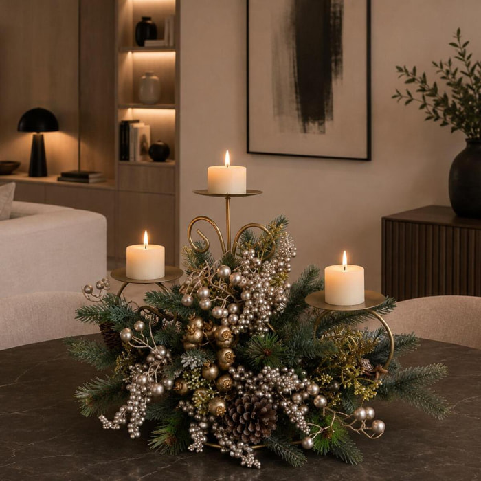 Portacandele con ilex e pigne - Pezzi 1 - ORO - Bianchi Dino SpA