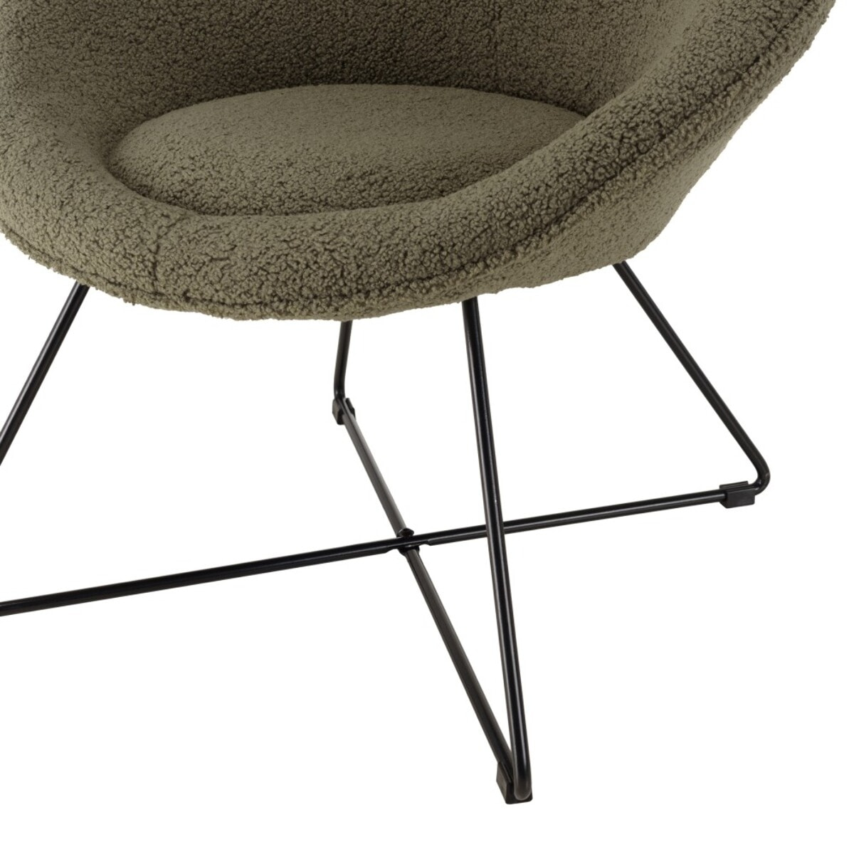AGATHE - Fauteuil tissu bouclette vert kaki pieds croisés métal noir
