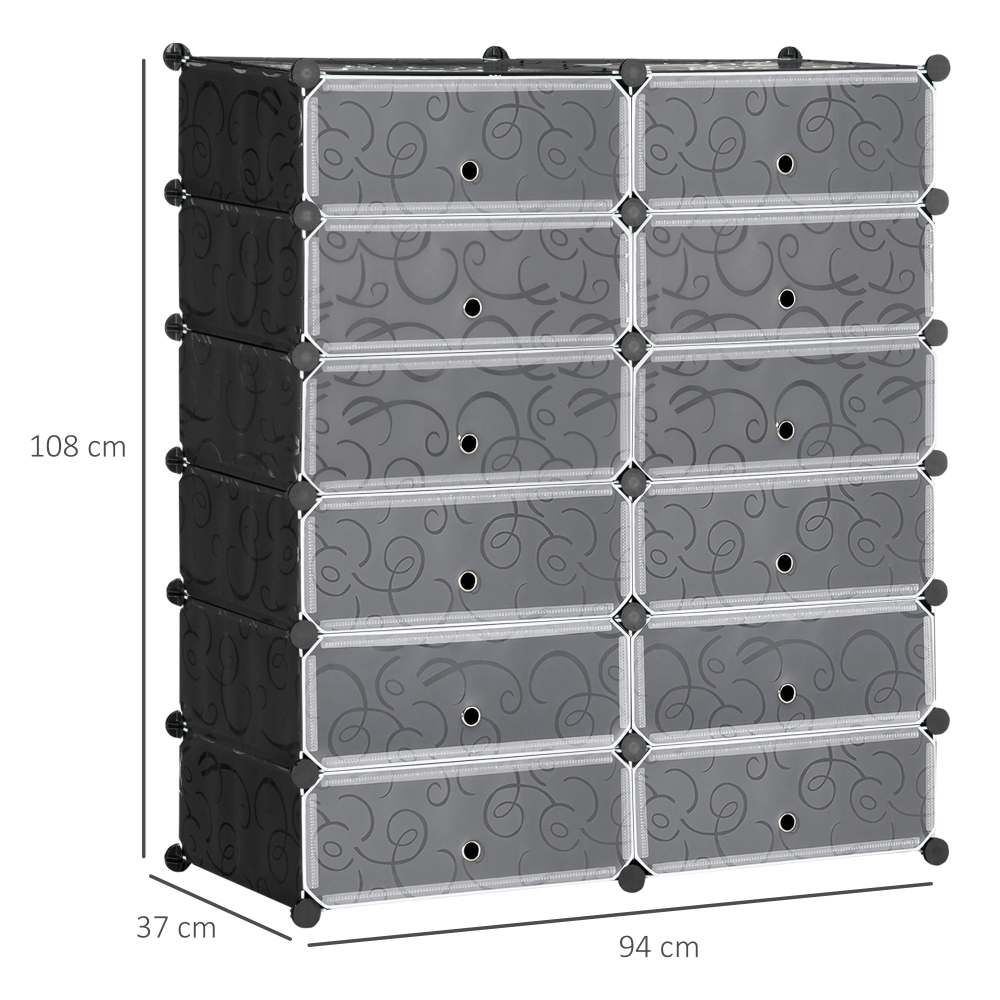 Meuble de rangement - meuble à chaussures modulable 12 casiers avec portes et étagères - dim. 94L x 37l x 108H cm - PP noir blanc