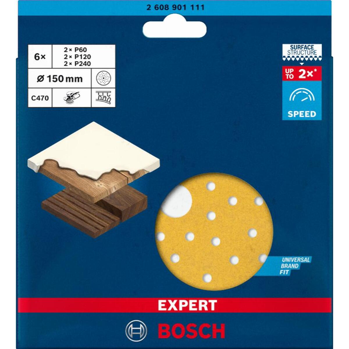 Feuilles abrasives BOSCH Expert C470 - Ø150 mm - Boite de 6 pièces - Grain 60/120/240 - 2608901111