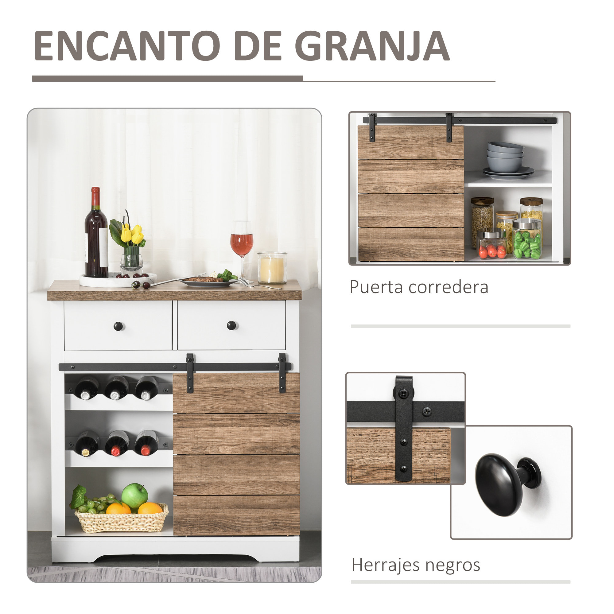 Aparador Armario de Cocina Aparador de Cocina Mueble Botellero para 6 Botellas con Puerta Corredera de Granero y 2 Cajones Estilo Rústico para Salón Comedor 80x39x86 cm Blanco y Natural