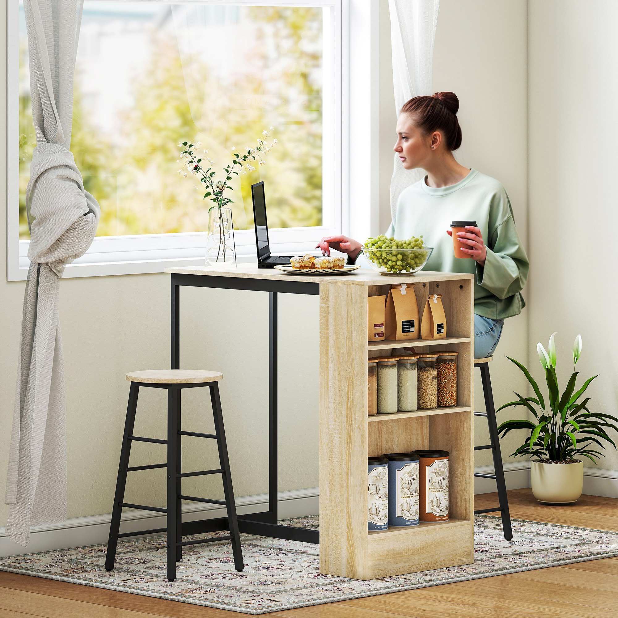 Conjunto Mesa Alta de Cocina con 2 Taburetes, Mesa Alta de Bar, Ahorro de Espacio, Marco de Acero, Reposapiés, 3 Compartimentos Abiertos, Estante Ajustable, para Comedor, Isla Cocina, Roble