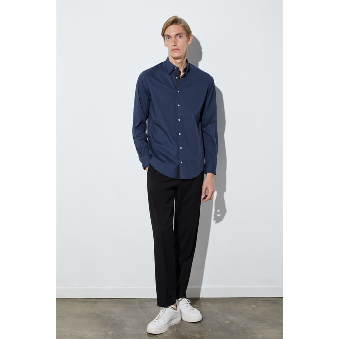 Camicia Uomo 1 Bottone Button Down Slim Popeline Stretch Unito Blu