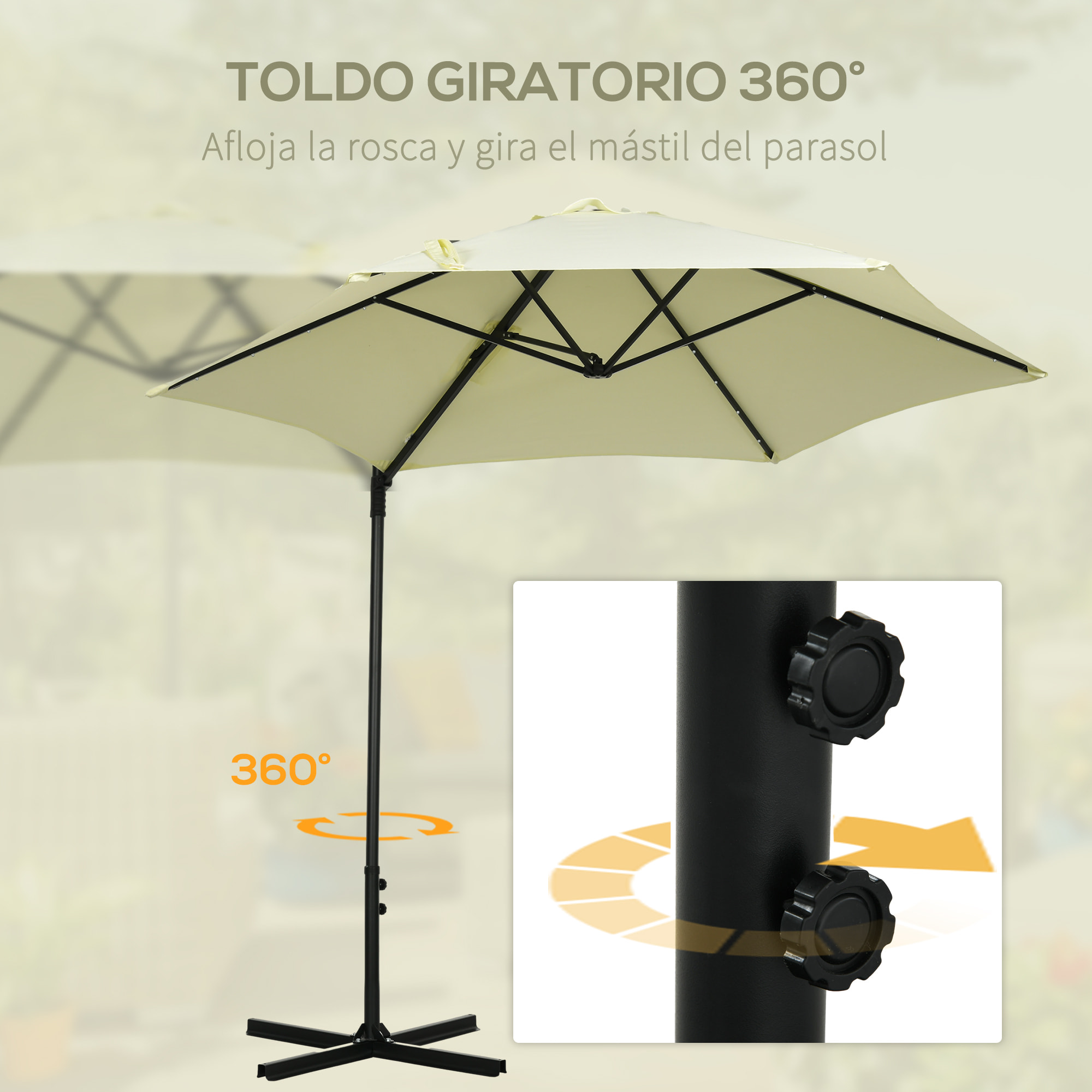 Sombrilla de Jardín Ø256x248 cm Parasol de Terraza Manual con Luces LED Solares Poste Giratorio 360° y Ventilación Superior para Jardín Patio Piscina Beige