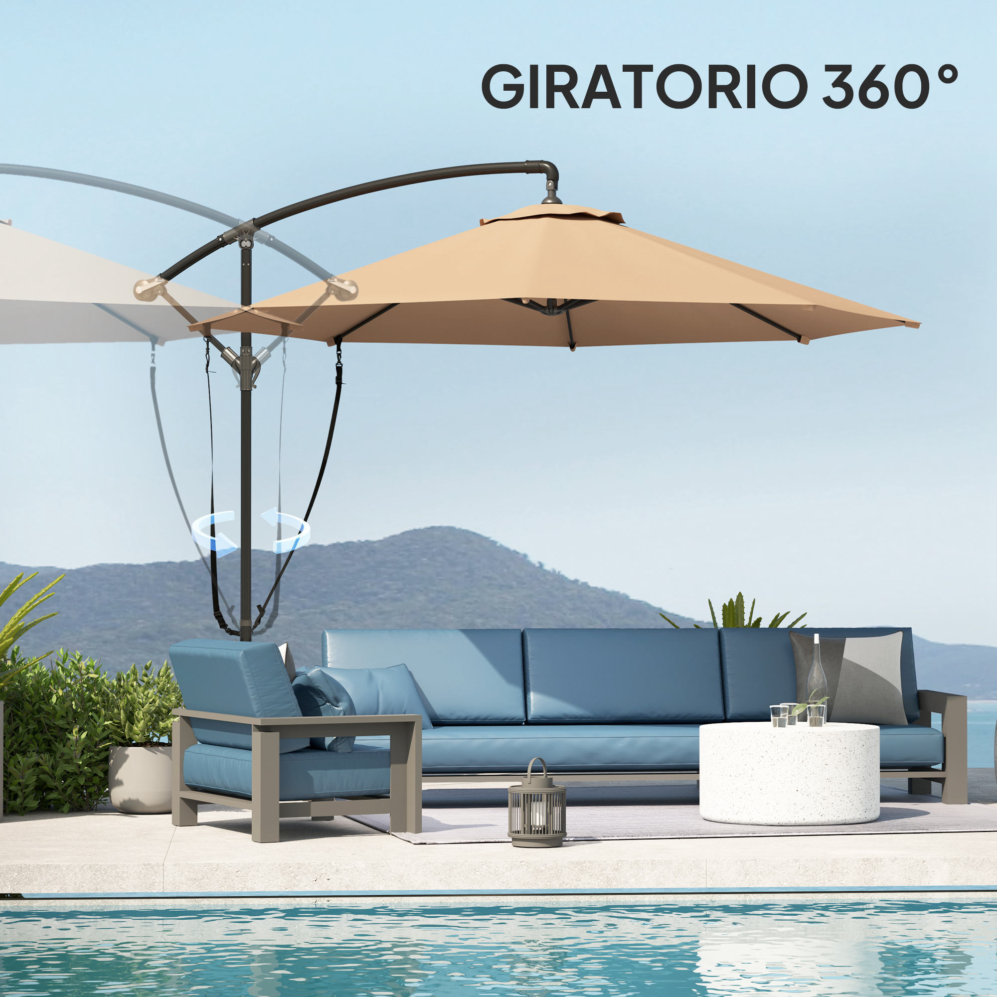 Parasol Excéntrico Ø 290 cm Sombrilla de Jardín con Base Cruzada Manivela Funda para Sombrilla y Cuerda de Viento Anti-UV 50+ Sombrilla para Terraza Patio Caqui