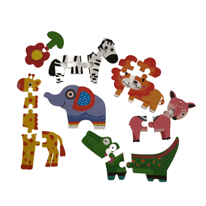 PUZLES MÚLTIPLES 6 EN 1: ANIMALES DE LA SELVA 3 a 6pcs/puzle (CAJA METÁLICA)