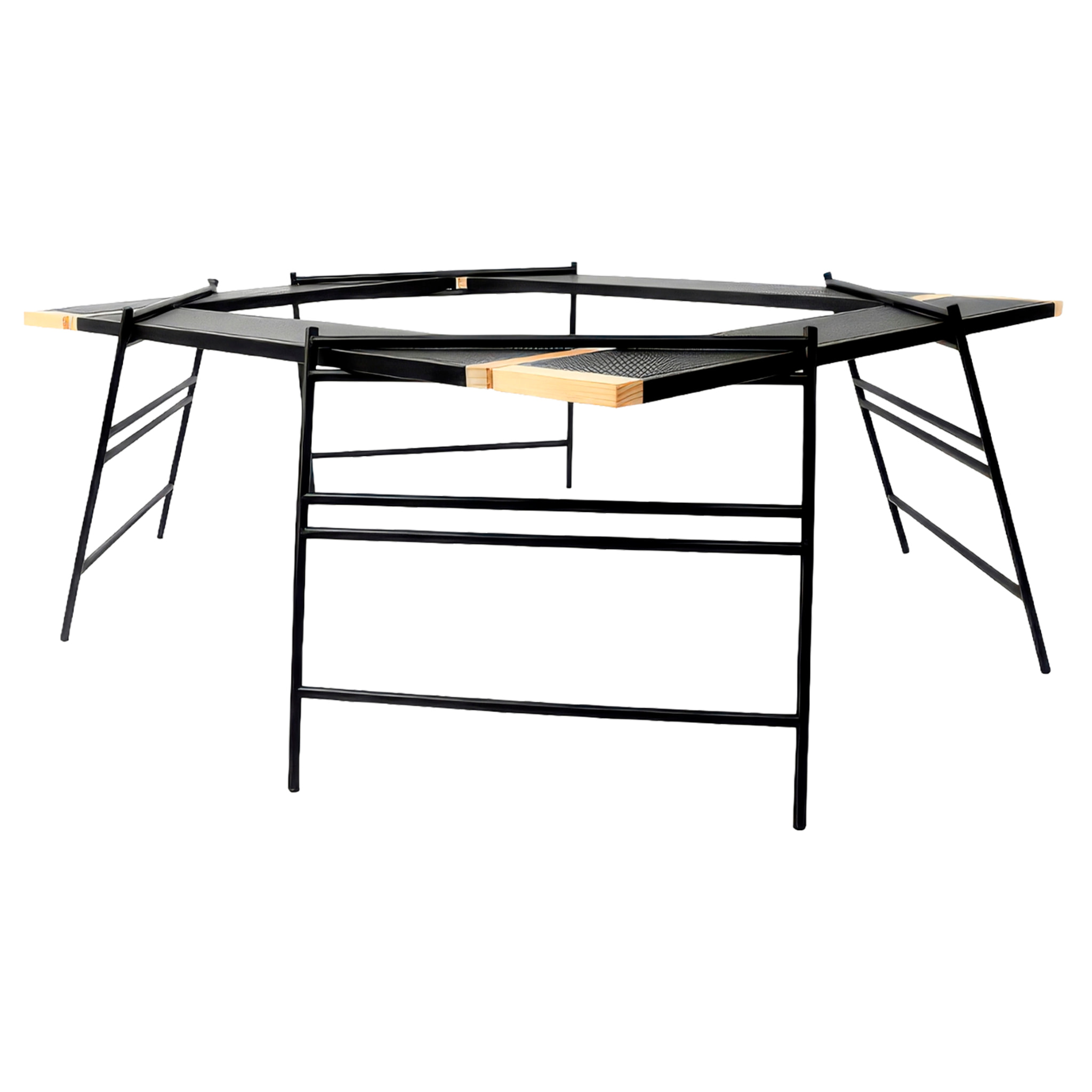 Mesa modular T2 plegable y resistente con estructura de hierro, esquinas de haya, múltiples configuraciones de montaje y funda de transporte incluida.