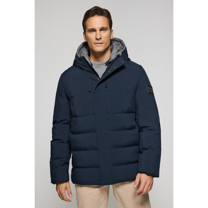 Giaccone blu marino Aspen trapuntato con cappuccio fisso e particolari Polo Club