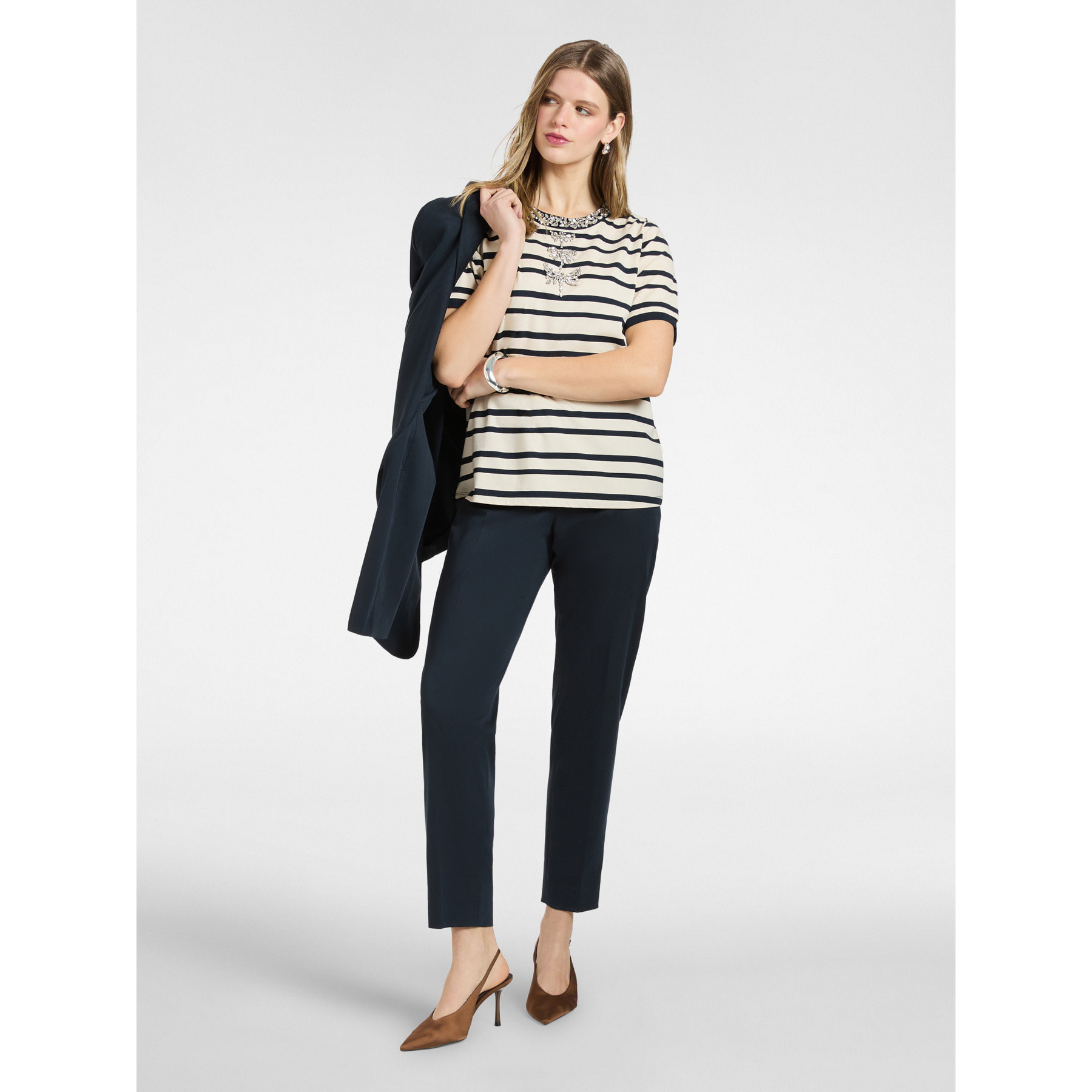 Elena Mirò - T-shirt rigata con ricami - Blu