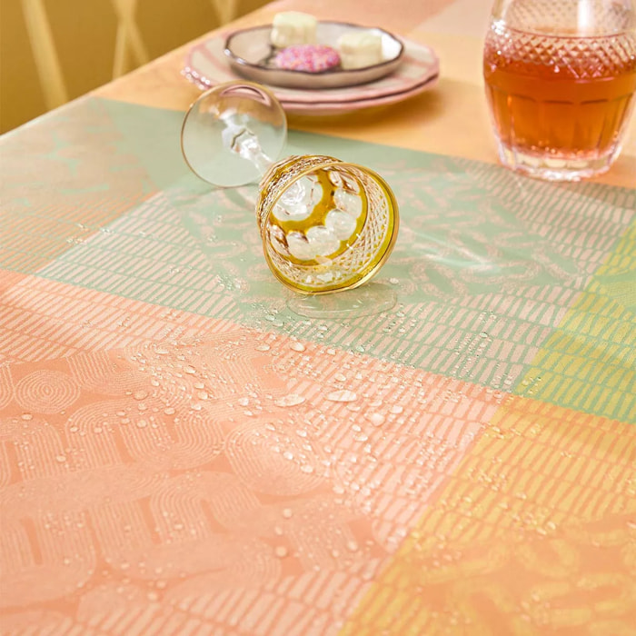Nappe pur coton enduit 205 g/m² motif jacquard rose jaune Mille empreintes pastel