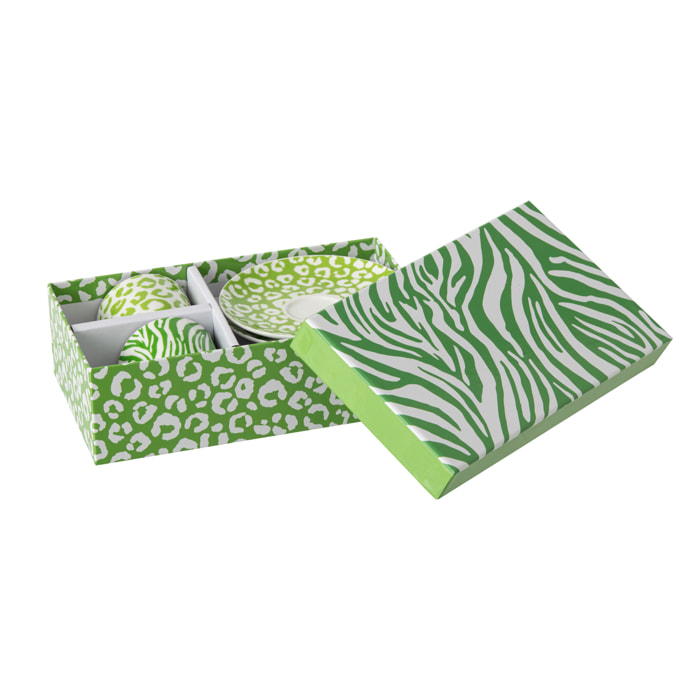 J-Line Tasse + Sous-tasse Léopard + Zèbre - porcelaine - vert/blanc - small - set de 2