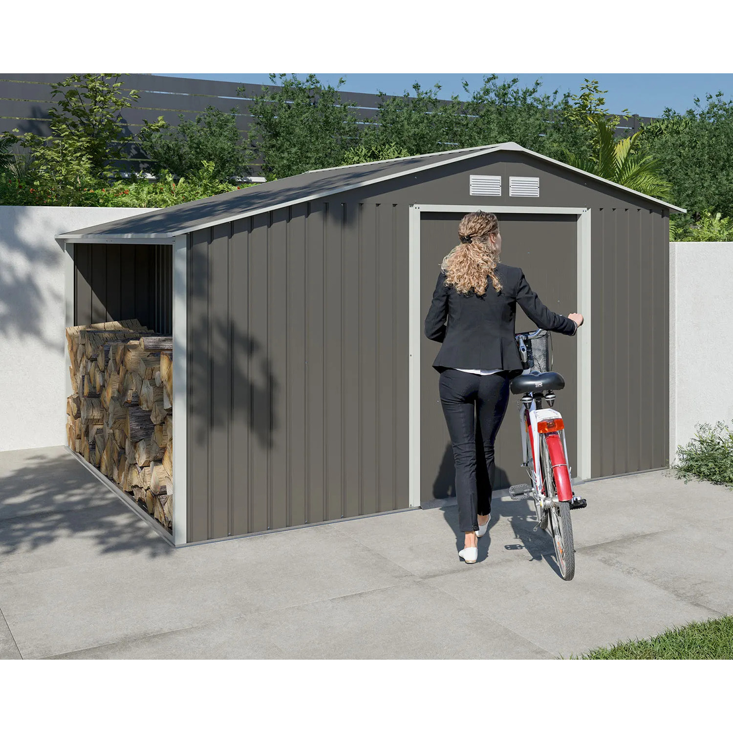 Abri métal gris châtaigne avec bûcher 8,13 m² + kit d'ancrage