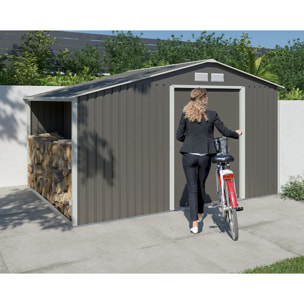 Abri métal gris châtaigne avec bûcher 8,13 m² + kit d'ancrage
