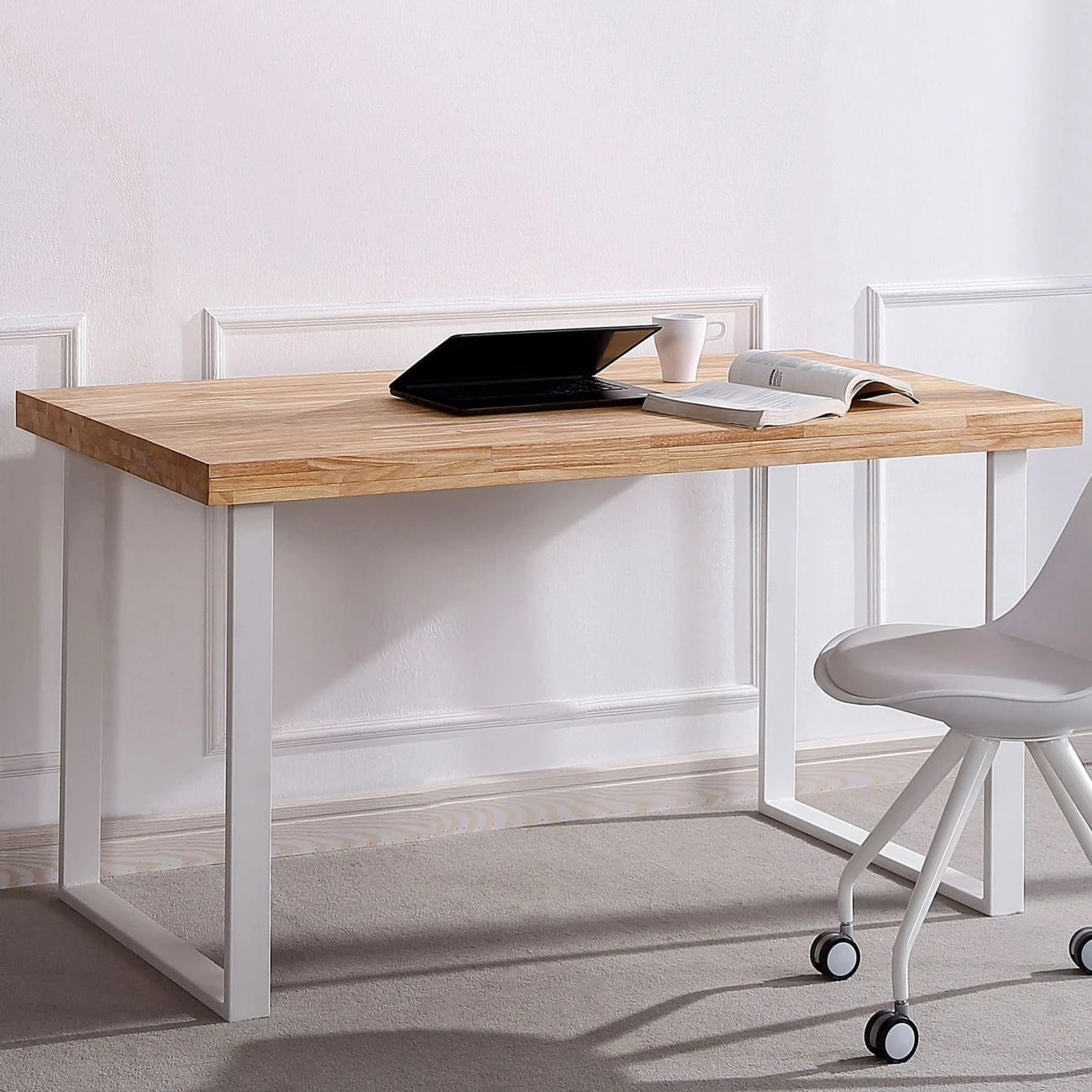 Mesa de escritorio con patas metálicas en blanco y roble salvaje 120x60 cm Natural Roble salvaje - Blanco