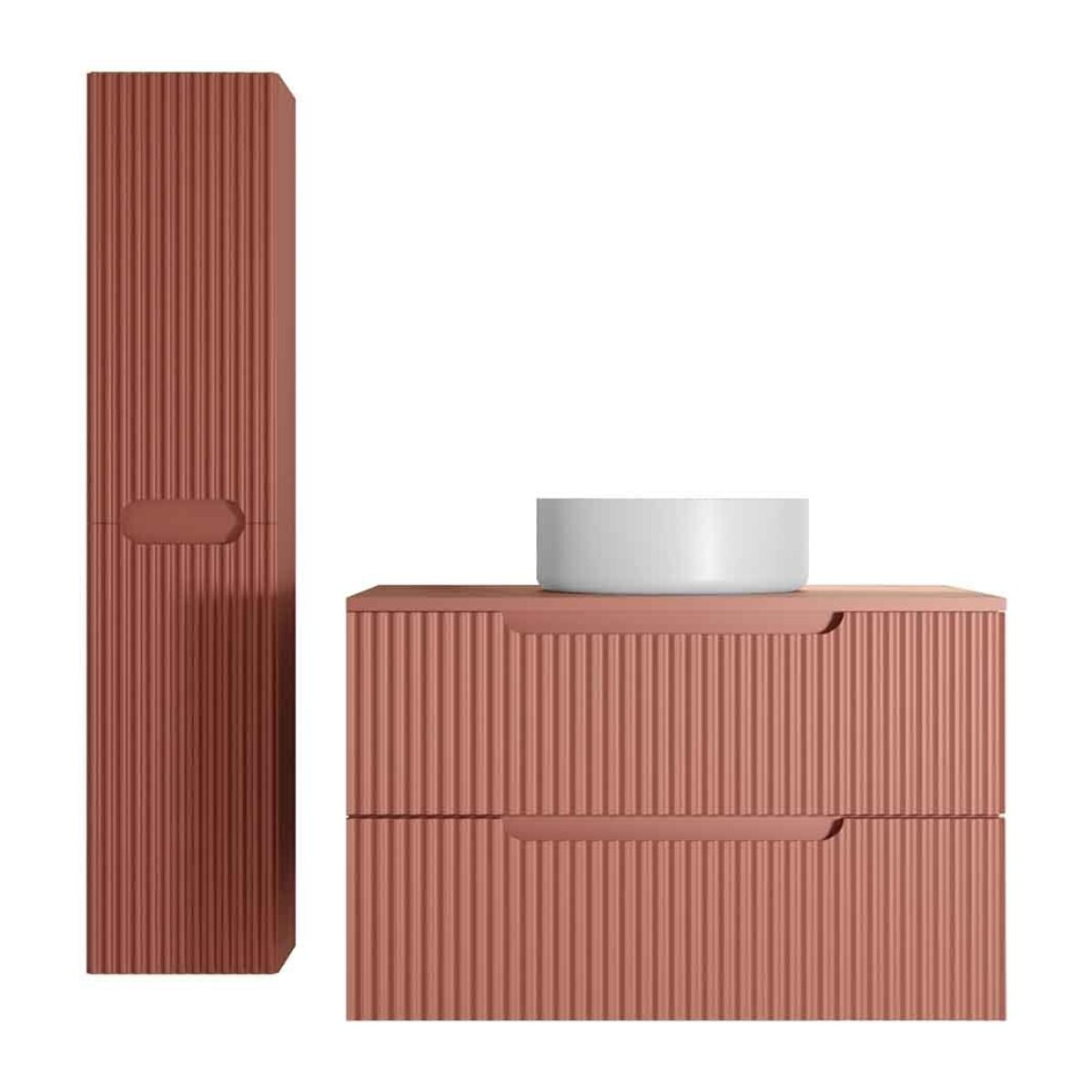 Meuble et colonne de Salle de Bains LEON 80cm Terracotta - Façades Ondulées - Vasque Ronde 36cm