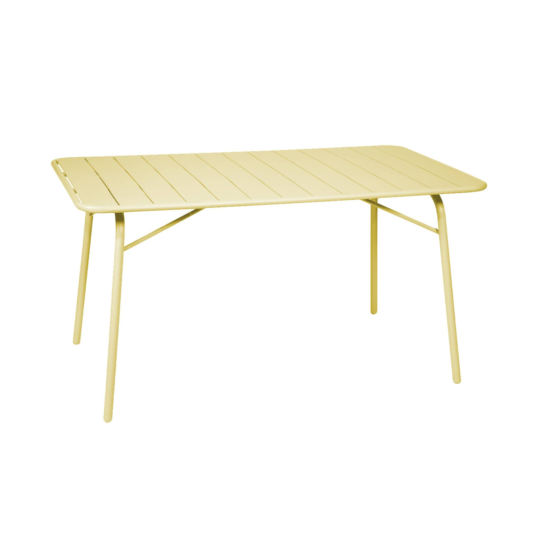 Table de jardin pliante métal 6 places. jaune. Amelia. 140x80cm. traitement antirouille. lattes et bords arrondis