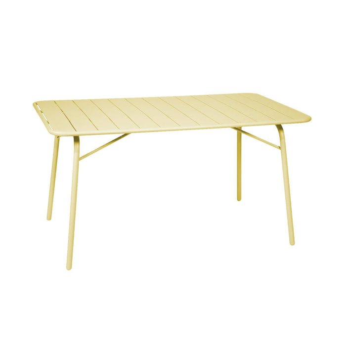 Table de jardin pliante métal 6 places. jaune. Amelia. 140x80cm. traitement antirouille. lattes et bords arrondis