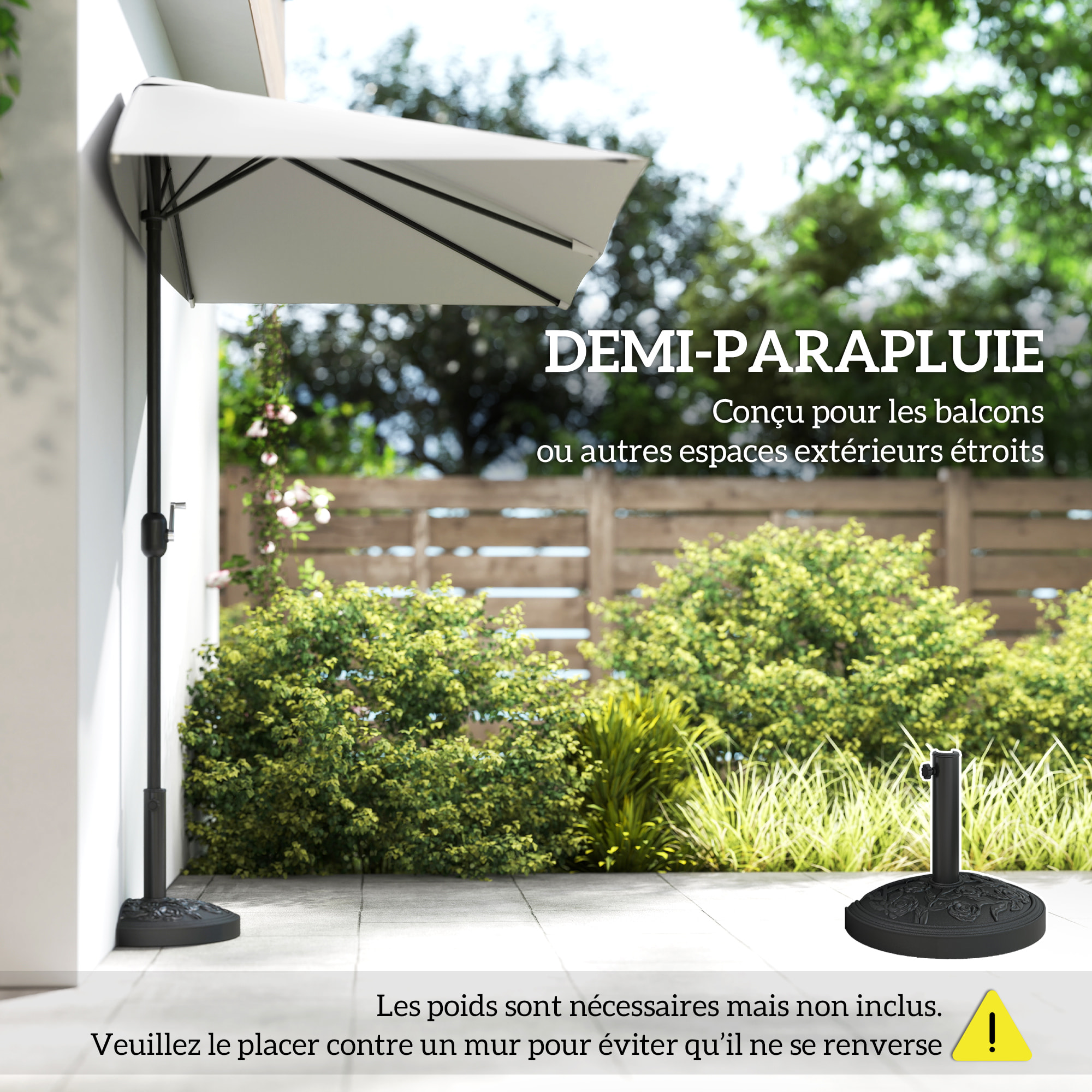 Demi-parasol Ø 230 cm Parasol de balcon terrasse avec manivelle Protection solaire UV Polyester pour contre au mur, porche, balcon crème