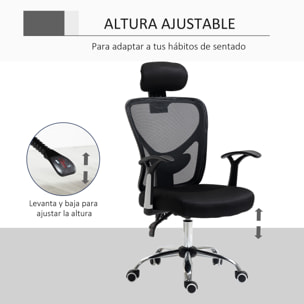 Vinsetto Silla de Oficina Ergonómica Silla Escritorio Giratoria con Altura Ajustable Función Reclinable Reposacabezas Regulable y Soporte Lumbar 65x67x108-118 cm Negro