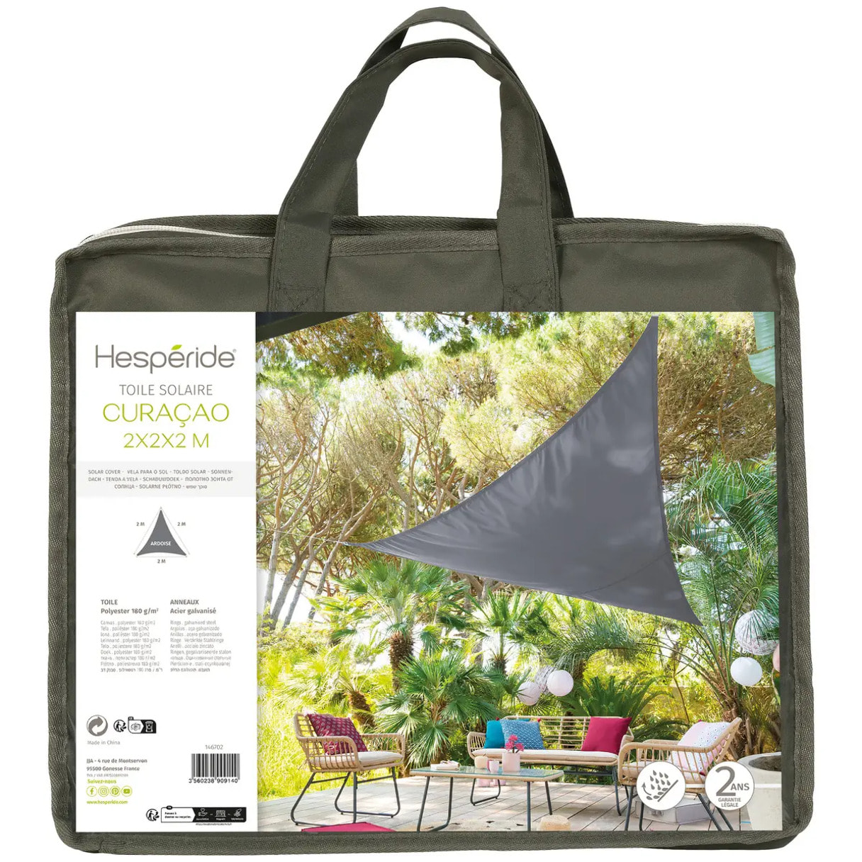 Voile d'ombrage triangulaire "Curacao" ardoise 2x2x2m en polyester