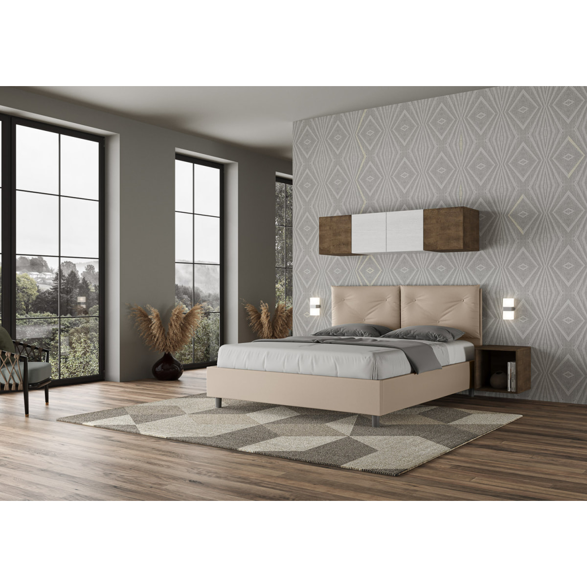 Cama sin somier acolchada 160x190 cuero sintético gris paloma Appia