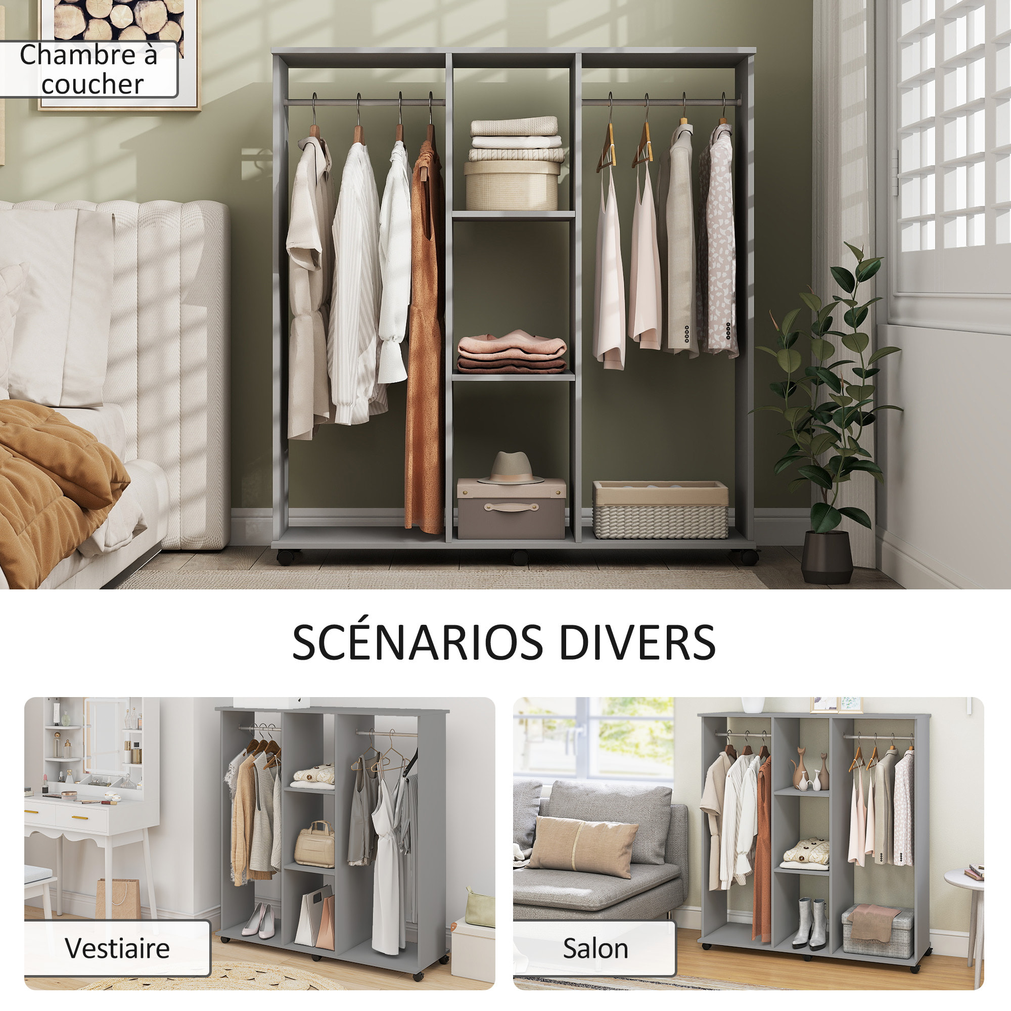 Armoire penderie meuble de rangement mobile 6 roulettes 120L x 40l x 128H cm panneaux de particules aspect bois gris