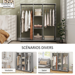 Armoire penderie meuble de rangement mobile 6 roulettes 120L x 40l x 128H cm panneaux de particules aspect bois gris