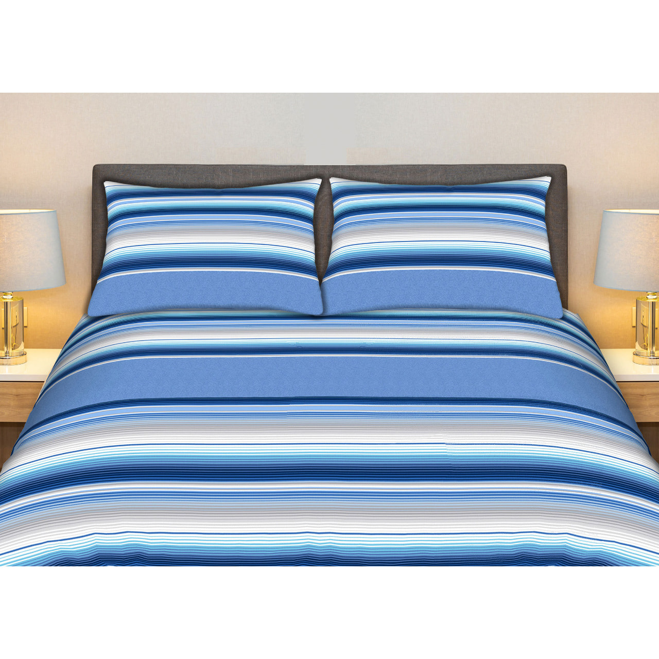 Completo Lenzuola 100% Cotone Effetto Seta Striped Blu CN