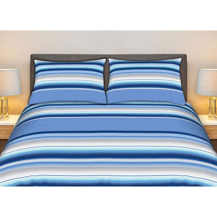 Completo Lenzuola 100% Cotone Effetto Seta Striped Blu CN
