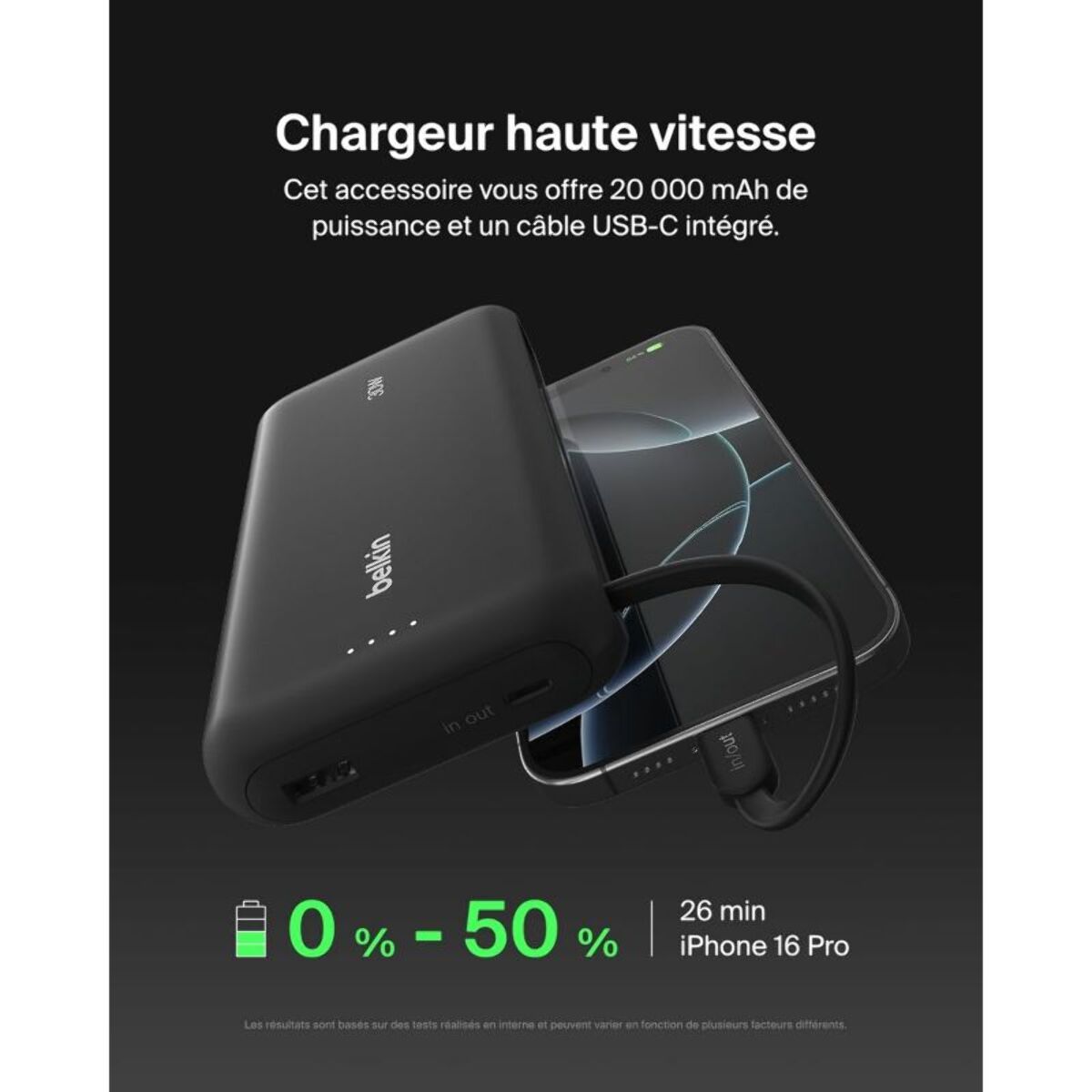 Batterie externe BELKIN 20000 mAh avec cable USB-C intégre noir