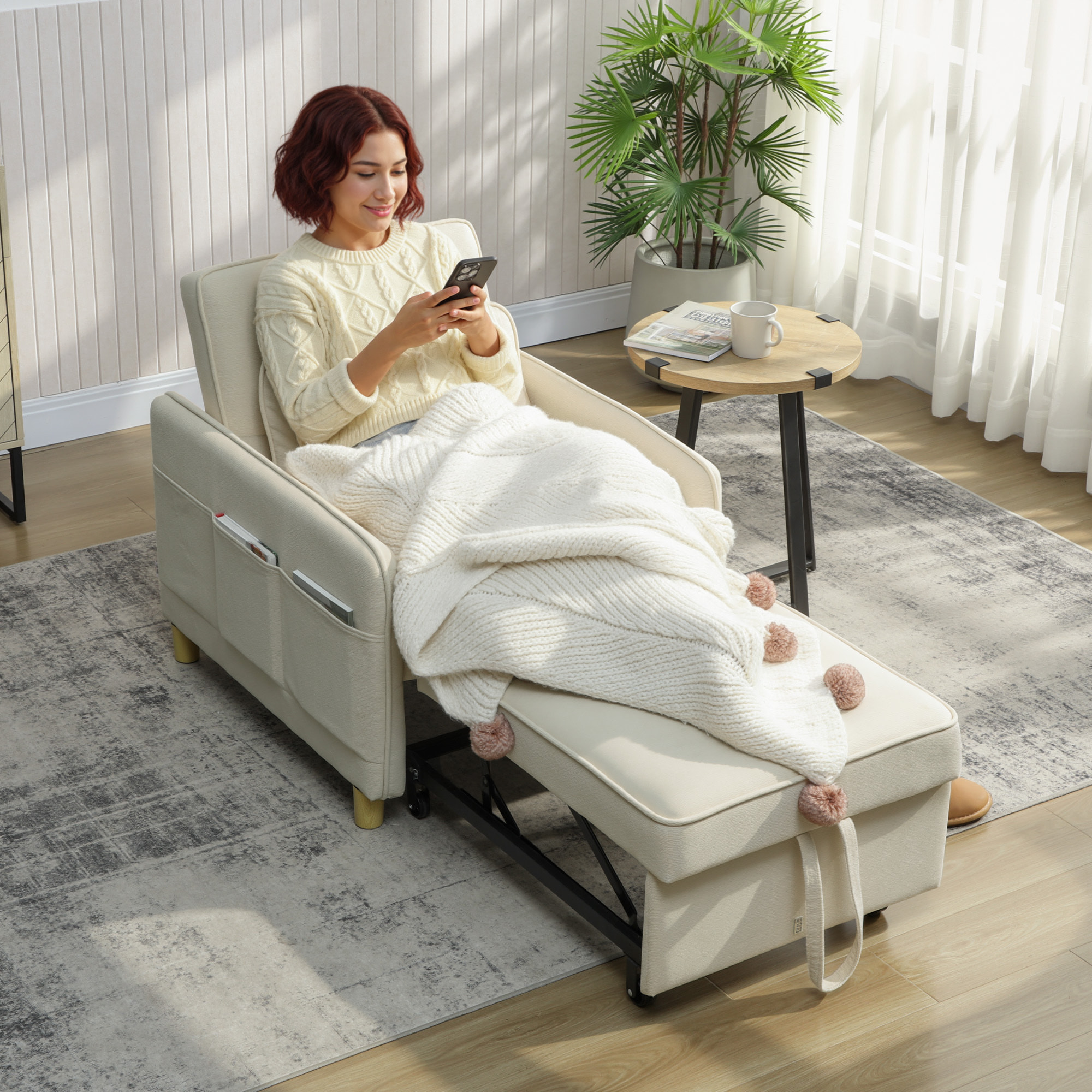 Sofá Cama de 1 Plaza 3 en 1, Sofá Cama Plegable Tapizado en Terciopelo Ecológico con Respaldo Ajustable 3 Niveles, 6 Bolsillos Laterales y Almohada, para Dormitorio, Salón, 74x85,5x82 cm, Beige