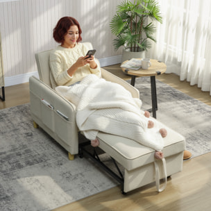 Sofá Cama de 1 Plaza 3 en 1, Sofá Cama Plegable Tapizado en Terciopelo Ecológico con Respaldo Ajustable 3 Niveles, 6 Bolsillos Laterales y Almohada, para Dormitorio, Salón, 74x85,5x82 cm, Beige