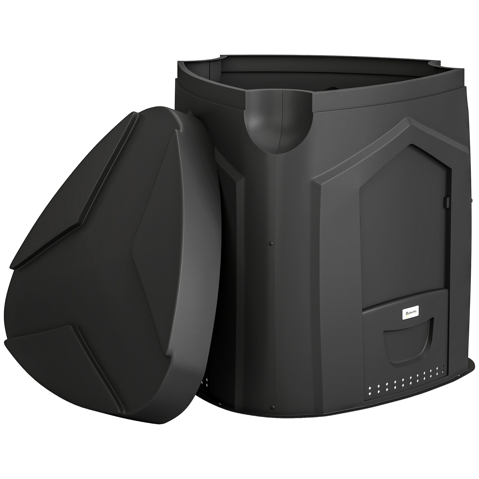 Composteur de jardin triangulaire 3 Portes, 66 Aérations - fond ouvert - polypropylène - 240L - noir