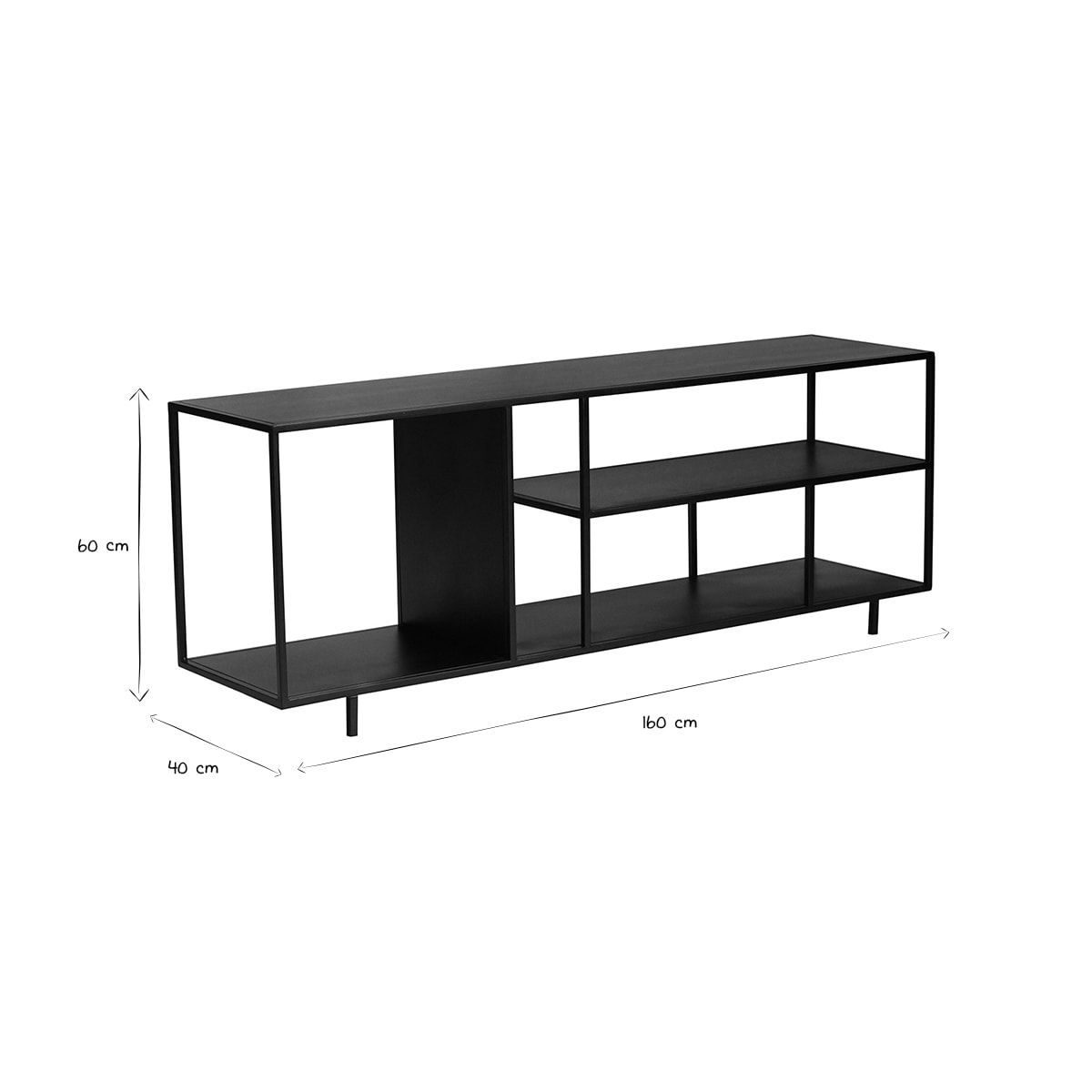 Étagère basse ouverte meuble TV design en métal noir L160 cm KARL