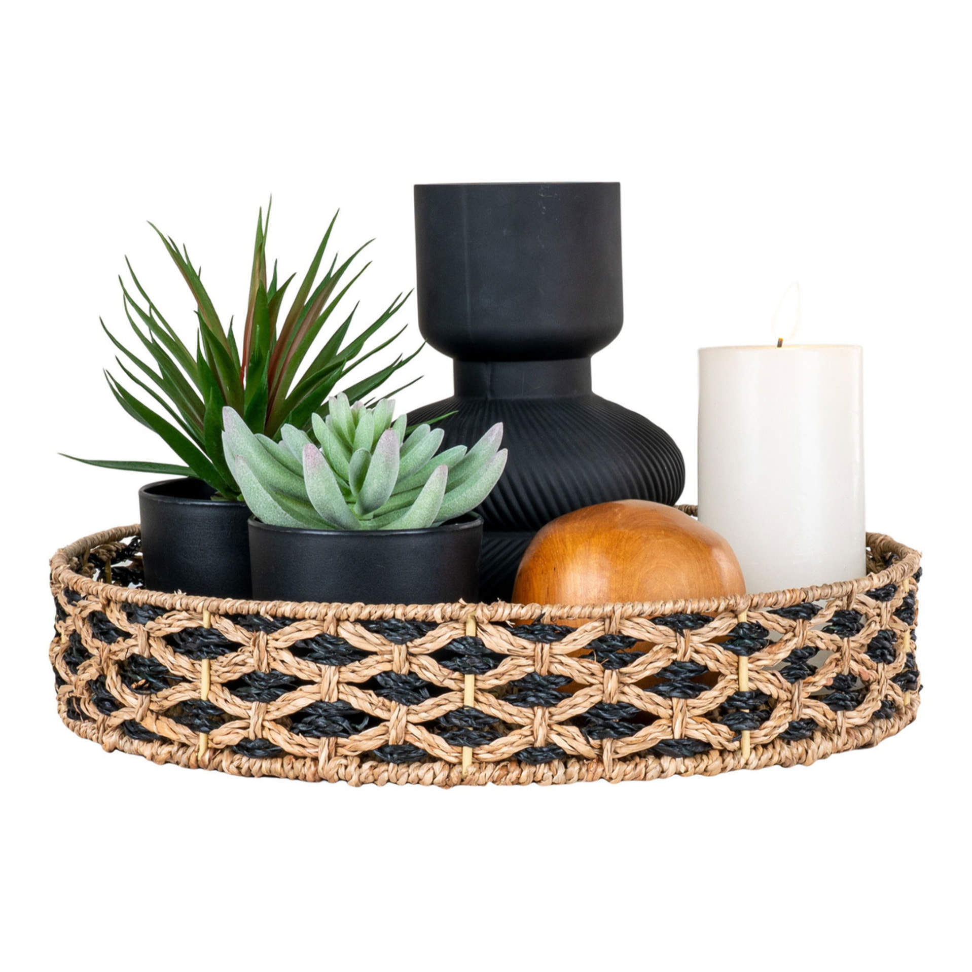 Nerja — Vassoio rotondo in alghe marine intrecciate nero/naturale, ø38 cm