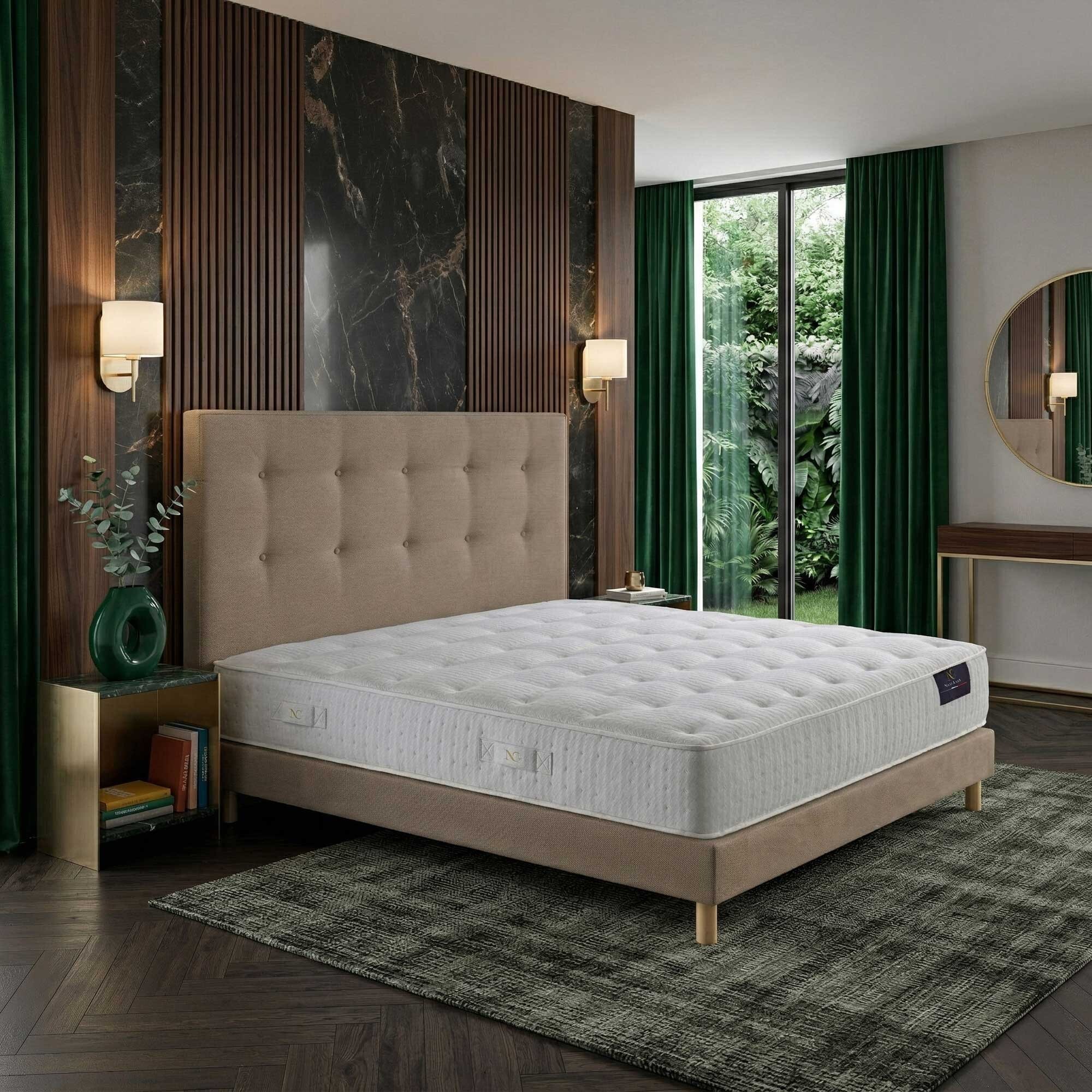 Ensemble matelas ressorts ensachés ARTÉMIS 2, accueil mémoire de forme, H26 cm, sommier et tête de lit taupe