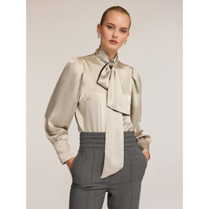 Motivi - Blusa body de raso con lazo en el cuello - Gris