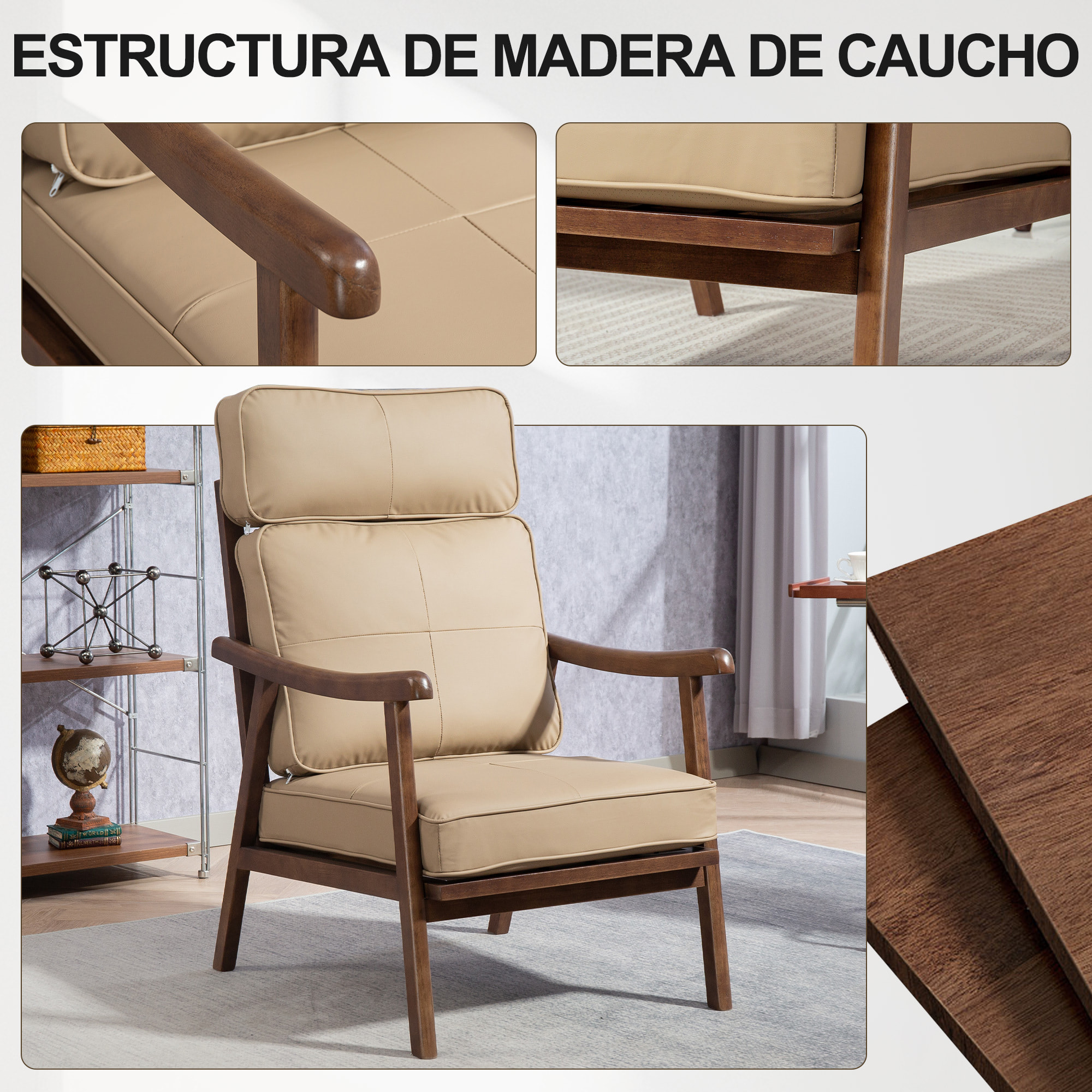 Butaca de Salón Sillón de Salón Tapizado en PU con Marco de Madera Cojines Acolchados Gruesos Respaldo Alto Carga 150 kg Sillón Lectura para Sala de Estar Dormitorio Caqui y Madera Nogal