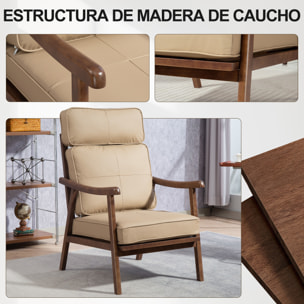 Butaca de Salón Sillón de Salón Tapizado en PU con Marco de Madera Cojines Acolchados Gruesos Respaldo Alto Carga 150 kg Sillón Lectura para Sala de Estar Dormitorio Caqui y Madera Nogal